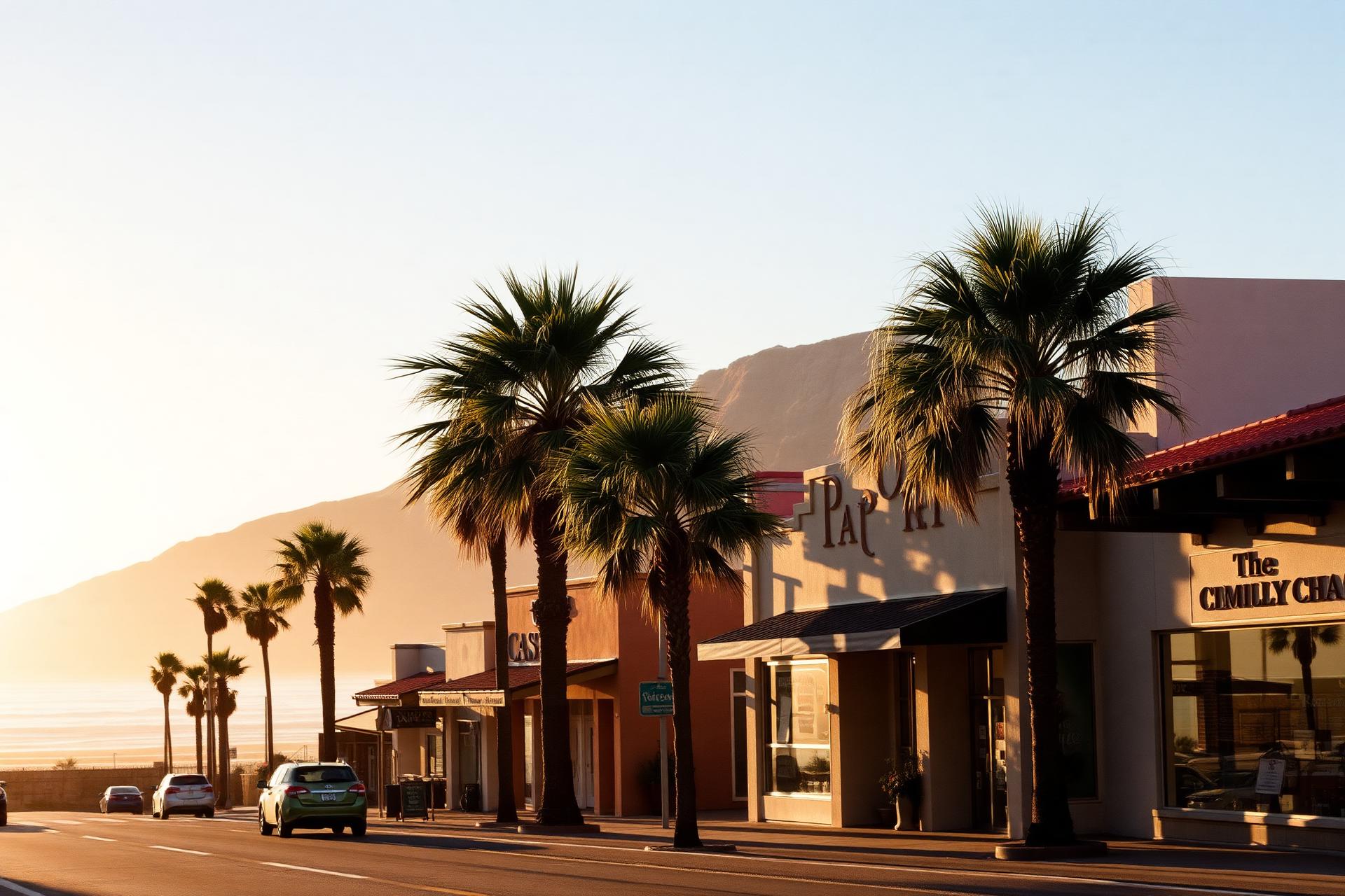 Golden-hour view of a coastal North County San Diego main street